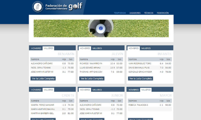 Tecnificación de la Federación de Golf de la Comunidad Valenciana, diseño web